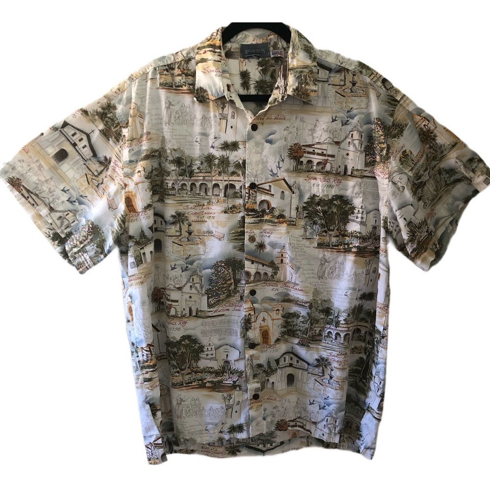 High Seas Trading Co. Hawaiian Button Up Shirt California Missions XL USA Made